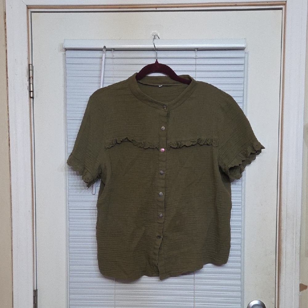 Chic Olive Button-Down Shirt with Ruffle Accents